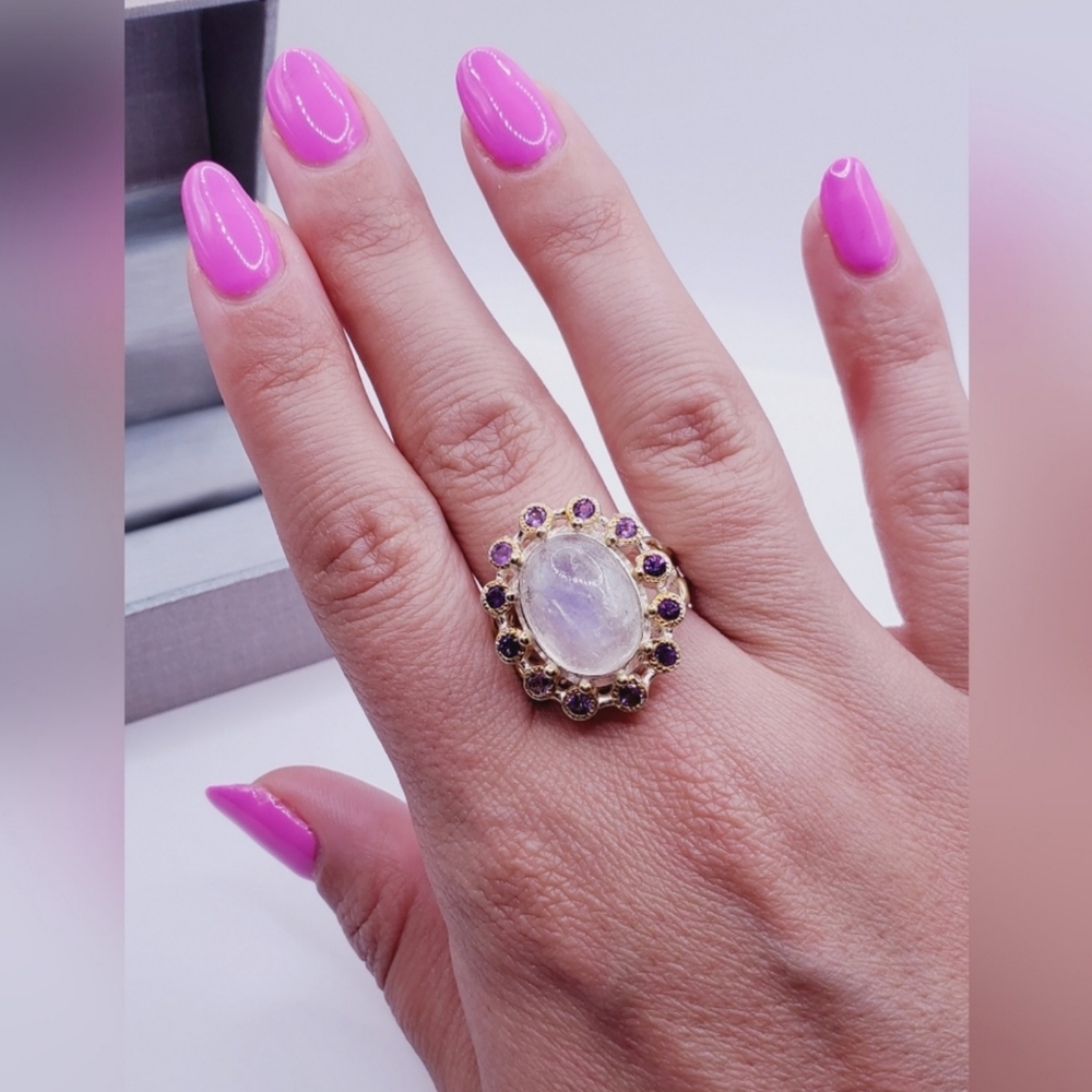 Genuine Moonstone & Purple Amethyst Sterling Silver / 18k Yellow Gold Halo Ring - Picture 2 of 4